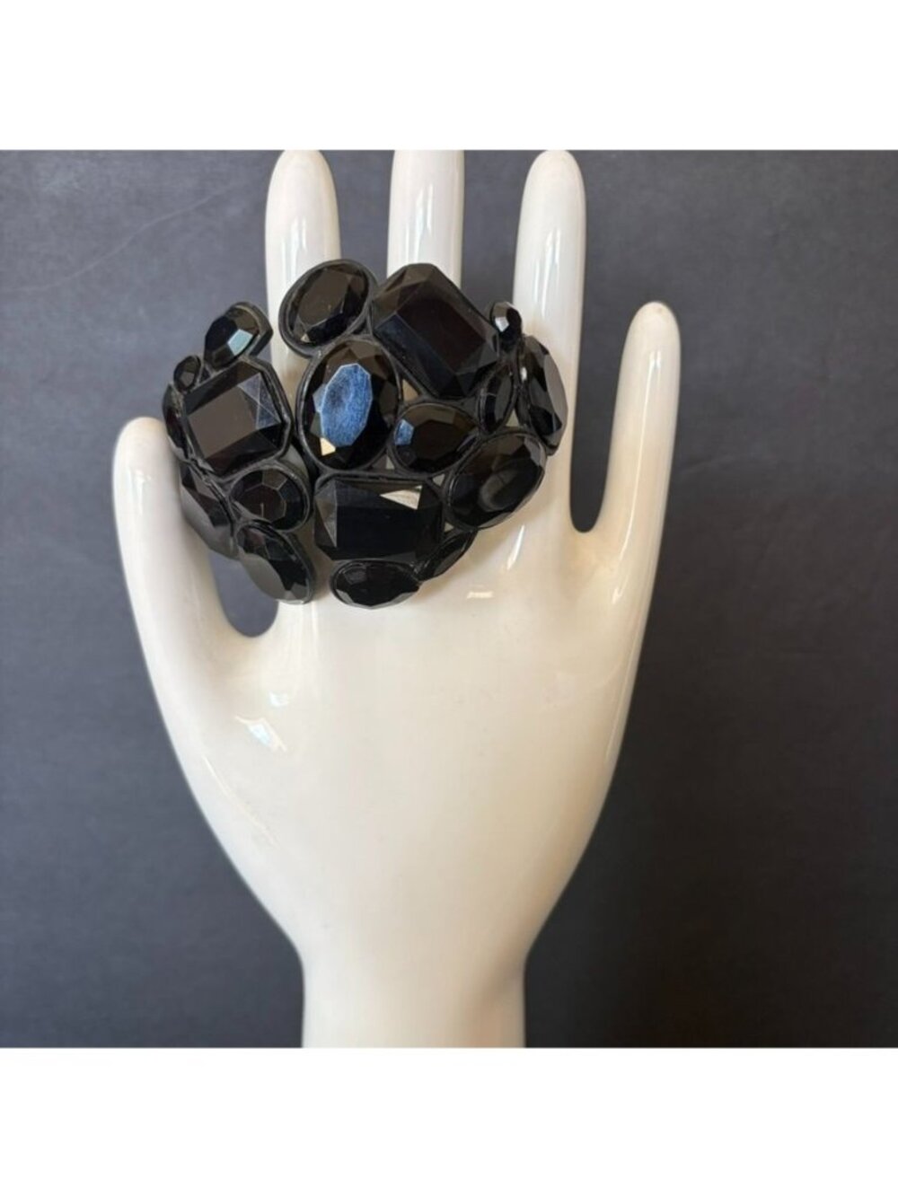Large Vintage Black Crystal Cobachon Statement Clamper Bracelet FAB!